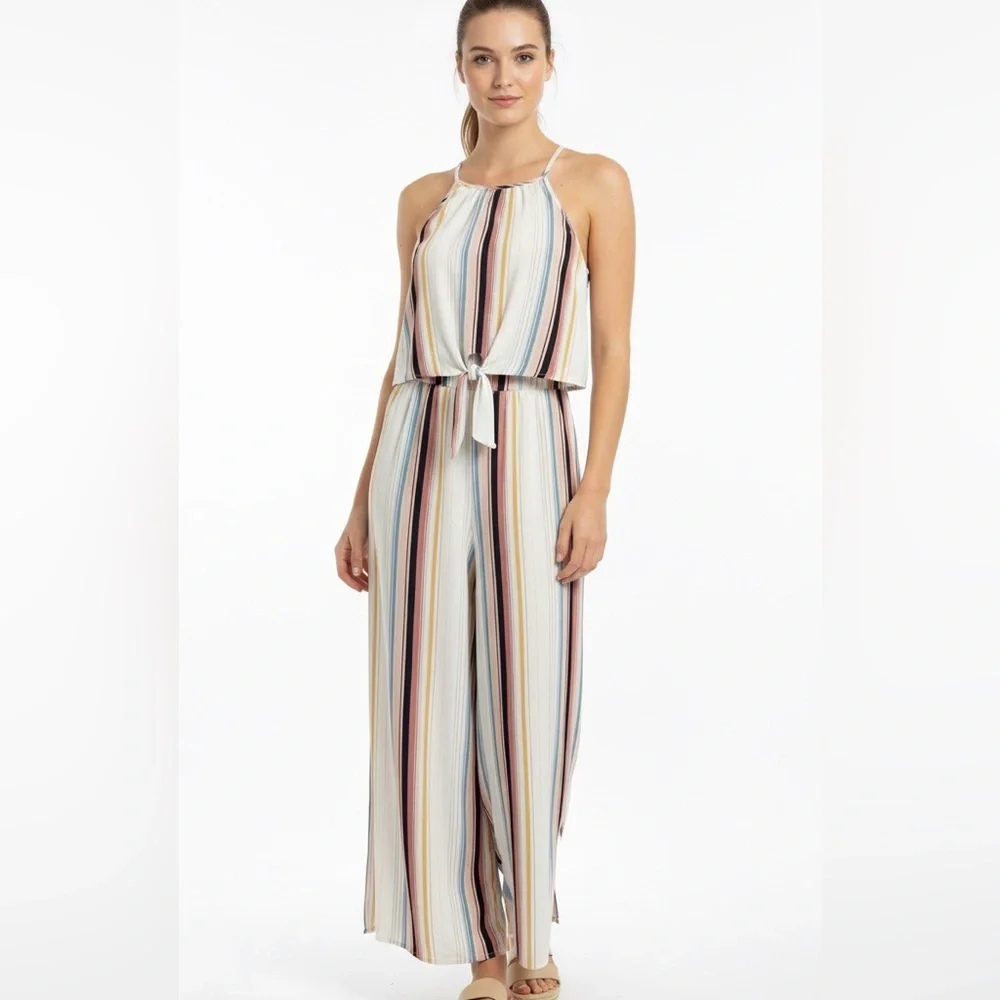 Speechless Romper Jumpsuit Size M Striped Halter Tie Front Wide Leg Boho - Picture 1 of 8